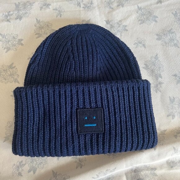 Acne Studios Blue Beanie With Expression Patch - Picture 1 of 6